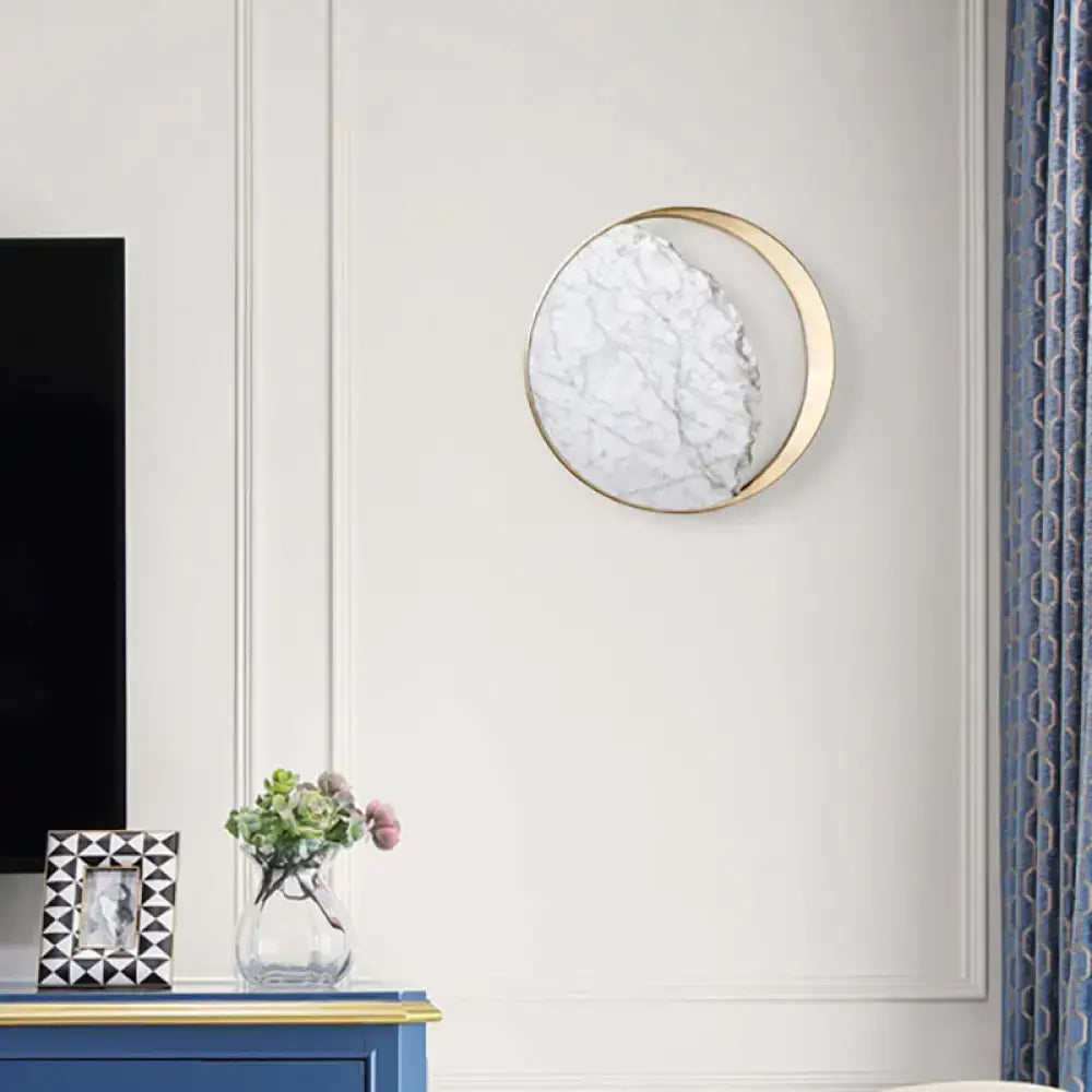 White Marble Wall Sconce Ambient LED Glow by Decorbites with gold circular frame on wall on Tampa Home & Garden Store