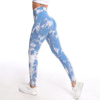 Stevvex high-waist blue tie-dye leggings for fitness, seamless breathable athletic yoga pants on Tampa Home & Garden Store