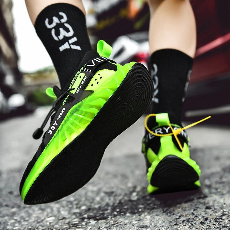 Modern running shoes Stevvex neon green and black pair with non-slip outsole for men on Tampa Home & Garden Store
