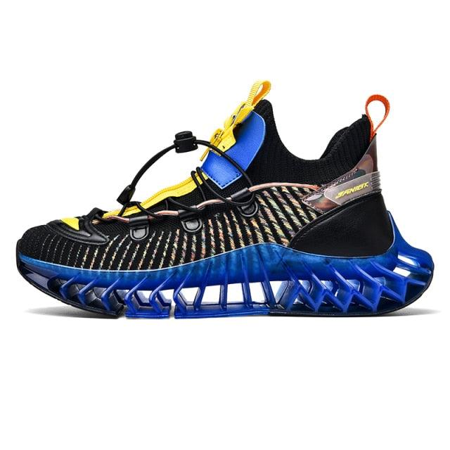 Stevvex athletic shoes for men with black mesh upper and blue lattice sole, yellow lace accents on Tampa Home & Garden Store
