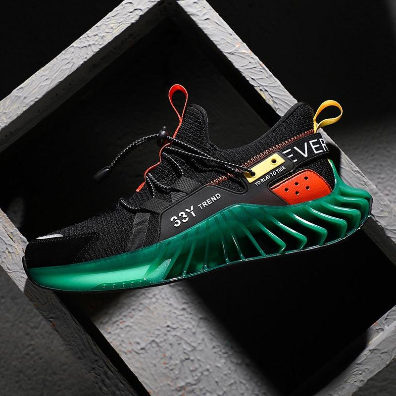 Men's running shoes Stevvex ST85SH3125FGF, black knit upper, green non-slip sole, orange accents on Tampa Home & Garden Store