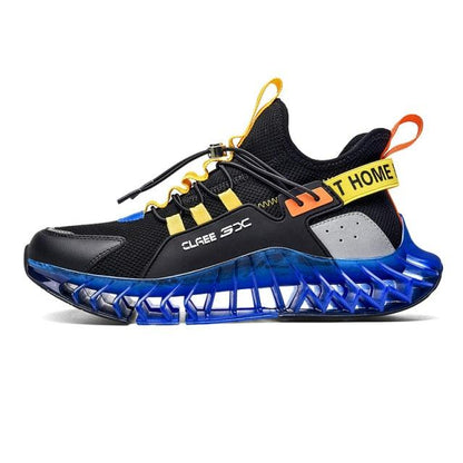 Stevvex black mesh athletic running shoe with yellow pull tabs and blue lattice sole on Tampa Home & Garden Store