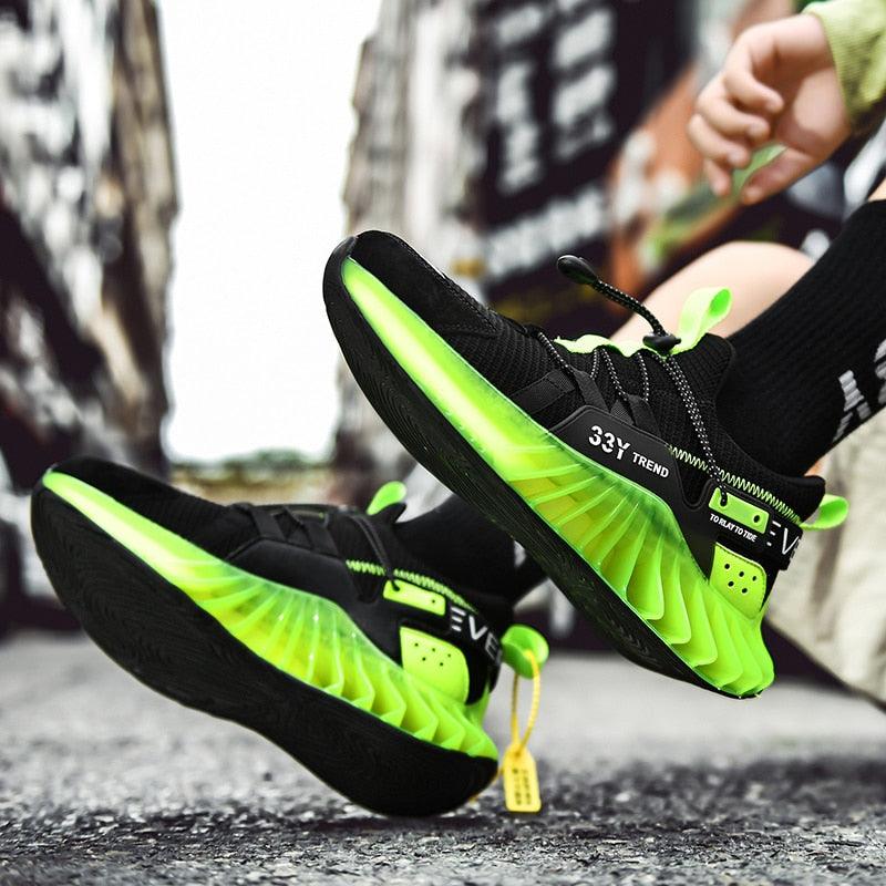 Stevvex athletic running shoes men black with neon green accents and non-slip blade midsole on Tampa Home & Garden Store