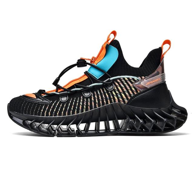 Stevvex men's athletic running shoes, black upper with orange accents, lattice sole on Tampa Home & Garden Store