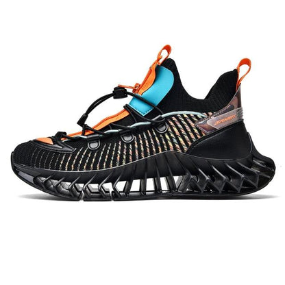 Stevvex men's athletic running shoes, black upper with orange accents, lattice sole on Tampa Home & Garden Store