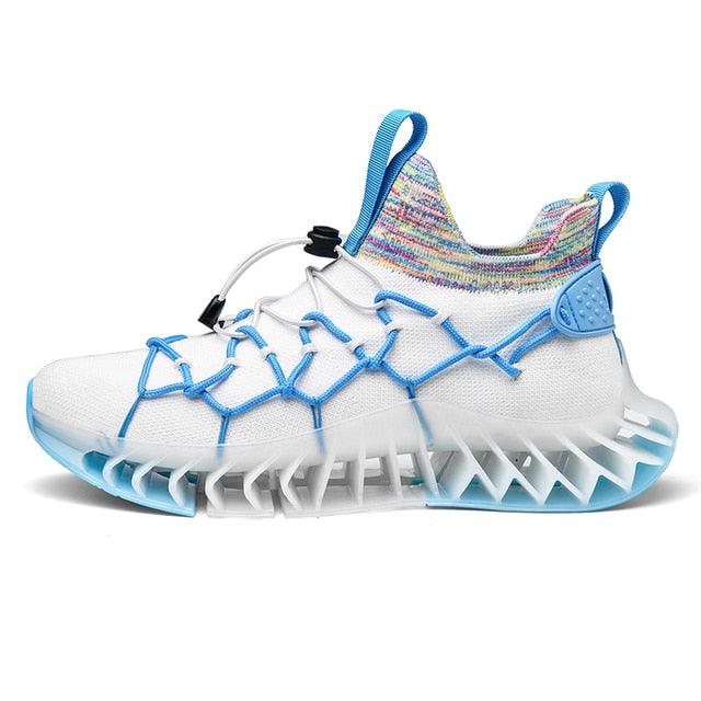 Stevvex running shoes white mesh upper with blue lattice cage and blade sole on Tampa Home & Garden Store