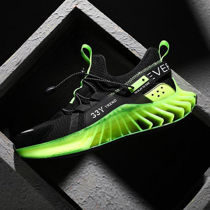 Stevvex men's athletic running shoes, black knit upper, neon green outsole, non-slip sneakers on Tampa Home & Garden Store