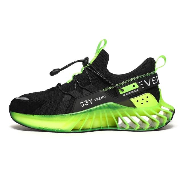 Stevvex athletic running shoes for men, black with neon green transparent blade sole on Tampa Home & Garden Store