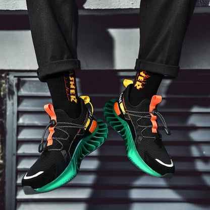 Stevvex men's athletic shoes pair, black mesh upper, neon-green sole, orange laces on Tampa Home & Garden Store