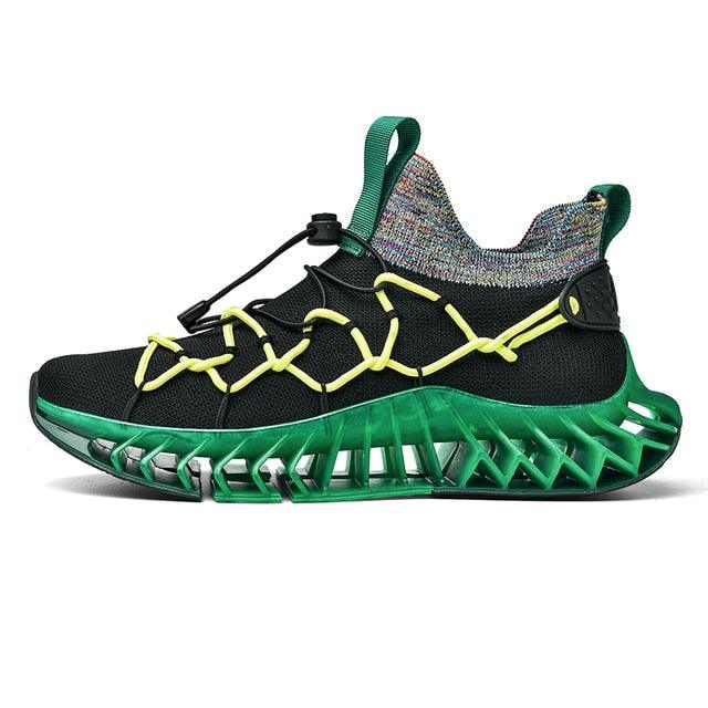 Stevvex running shoe black knit upper neon yellow laces green blade-like sole pull tab on Tampa Home & Garden Store