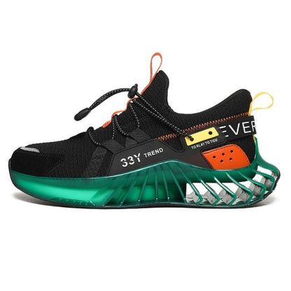 Stevvex men's running shoes black knit upper with green blade sole and orange accents on Tampa Home & Garden Store
