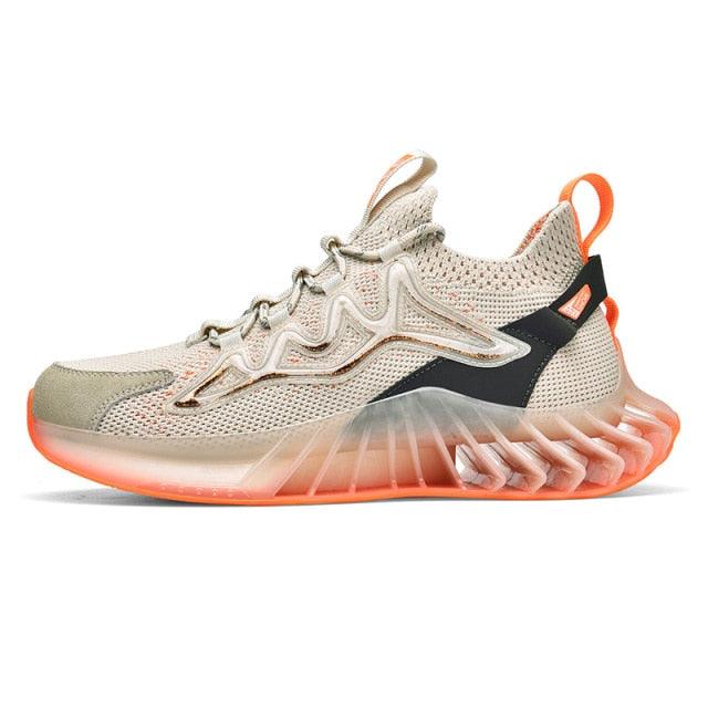 Stevvex men's running shoes beige mesh upper with orange sole and black heel support on Tampa Home & Garden Store