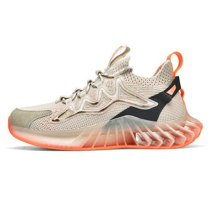 Stevvex men's running shoes beige mesh upper with orange sole and black heel support on Tampa Home & Garden Store