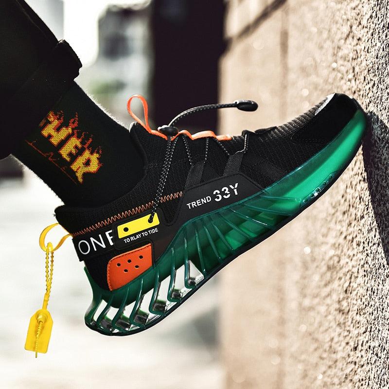 Stevvex Modern Running Shoes Men black mesh upper with green blade sole and orange laces on Tampa Home & Garden Store