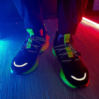 Stevvex men's athletic running shoes, black with neon green accents and reflective laces on Tampa Home & Garden Store