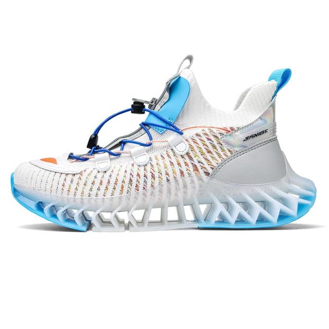 Stevvex Running Shoes Men white knit upper blue accents non-slip blade sole athletic shoes on Tampa Home & Garden Store