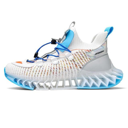 Stevvex Running Shoes Men white knit upper blue accents non-slip blade sole athletic shoes on Tampa Home & Garden Store