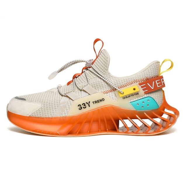 Stevvex men's athletic running shoes beige mesh upper with orange blade sole on Tampa Home & Garden Store