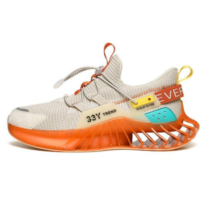 Stevvex men's athletic running shoes beige mesh upper with orange blade sole on Tampa Home & Garden Store