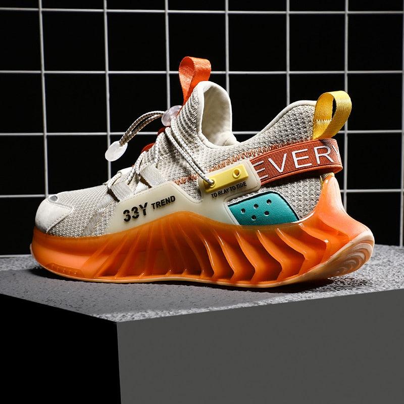 Athletic running shoes Stevvex for men gray mesh upper orange chunky sole teal accent on Tampa Home & Garden Store
