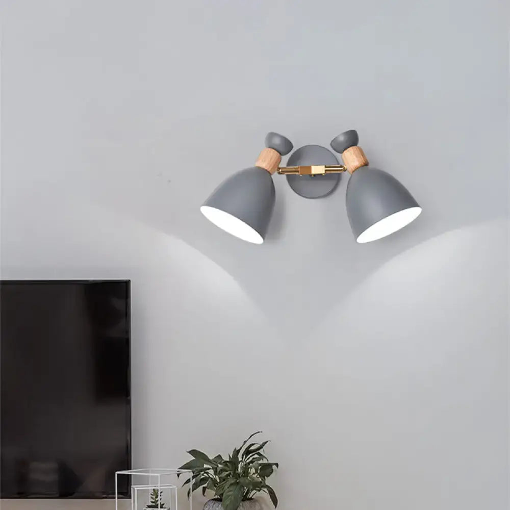 Sage gray wall sconce with twin gray cone shades, wood accents, brass joints (two-light) on Tampa Home & Garden Store