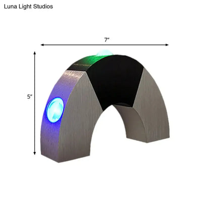 Industrial RGB LED Wall Sconce with metallic arch, blue side LED and green top glow, 7in wide on Tampa Home & Garden Store