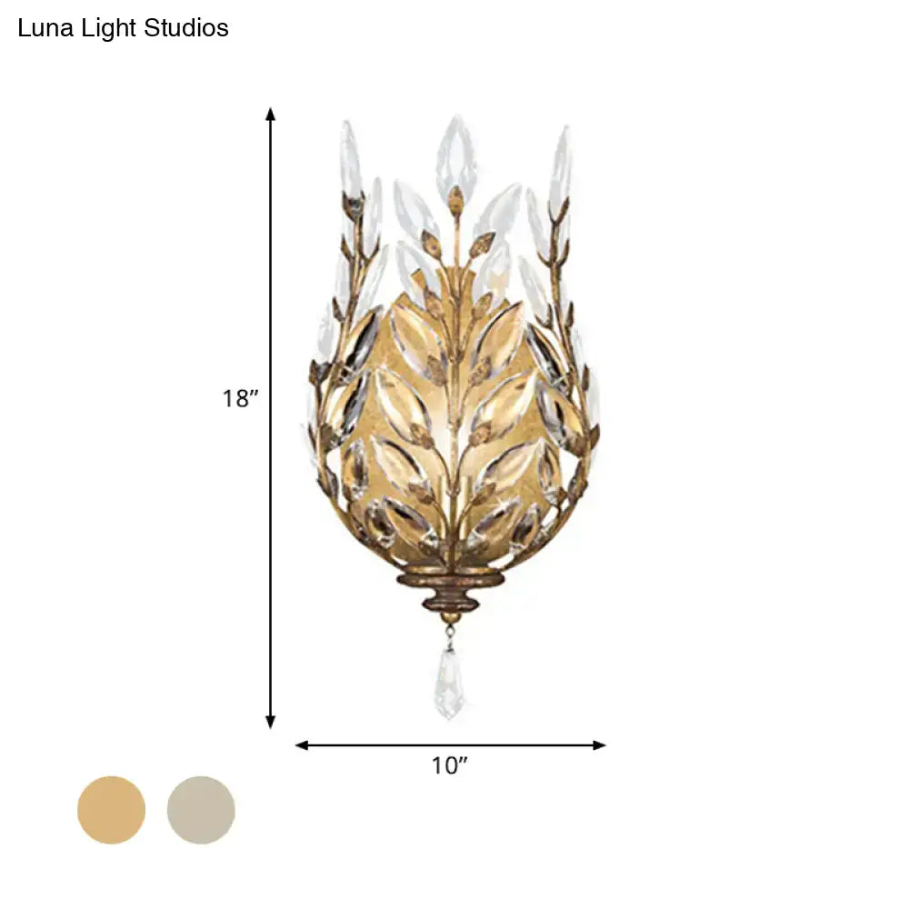Brass Crystal Single Drop Wall Light sconce with gold leaf and clear crystals Decorbites on Tampa Home & Garden Store