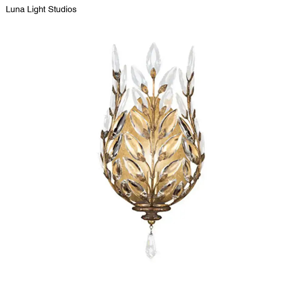 Brass Crystal Single Drop Wall Light with gold-tone leaves and clear crystals, wall sconce on Tampa Home & Garden Store
