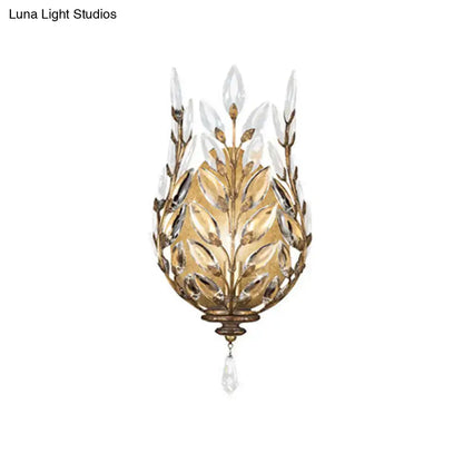 Brass Crystal Single Drop Wall Light with gold-tone leaves and clear crystals, wall sconce on Tampa Home & Garden Store