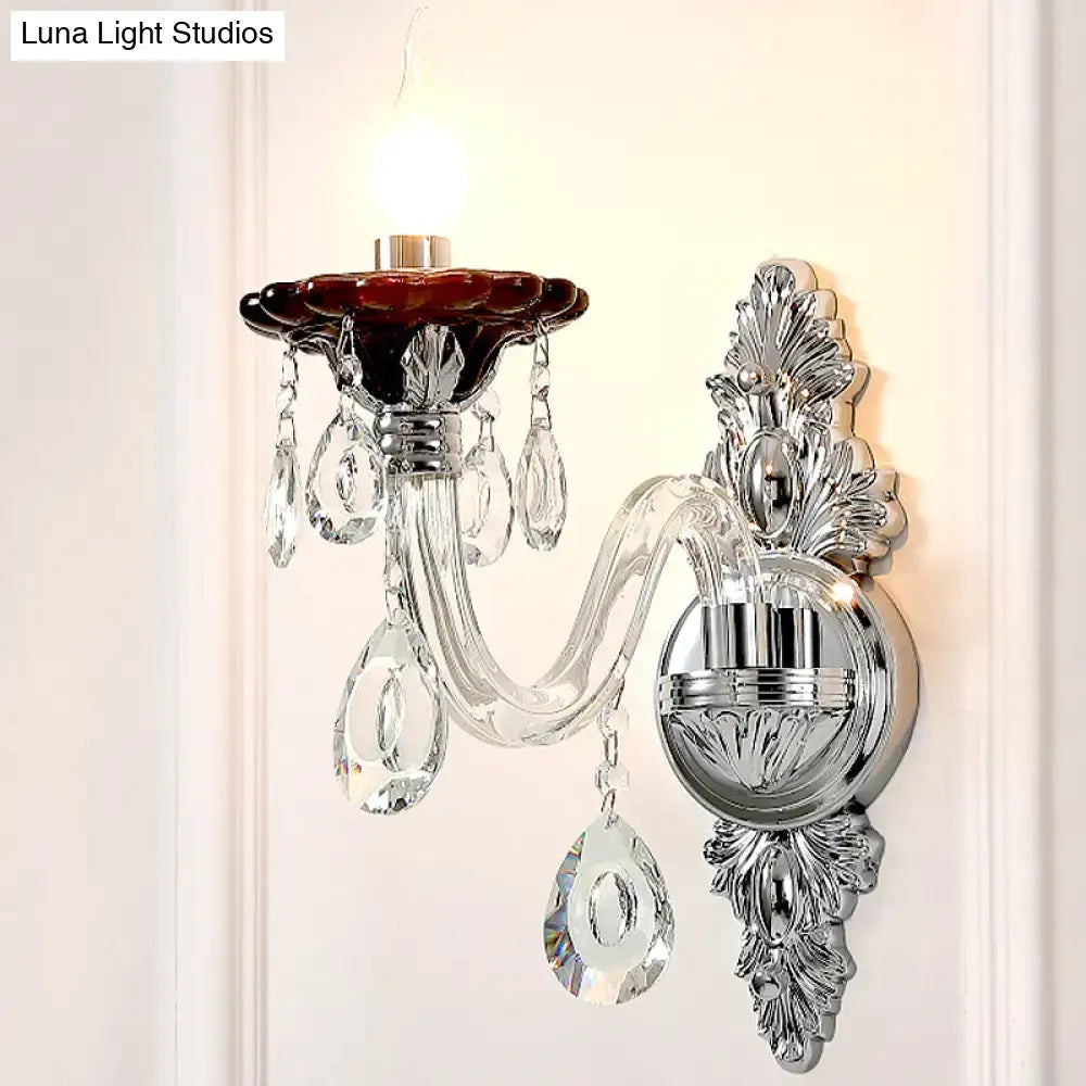 Decorbites silver crystal wall sconce with dual-head drops, backplate and hanging prisms on Tampa Home & Garden Store