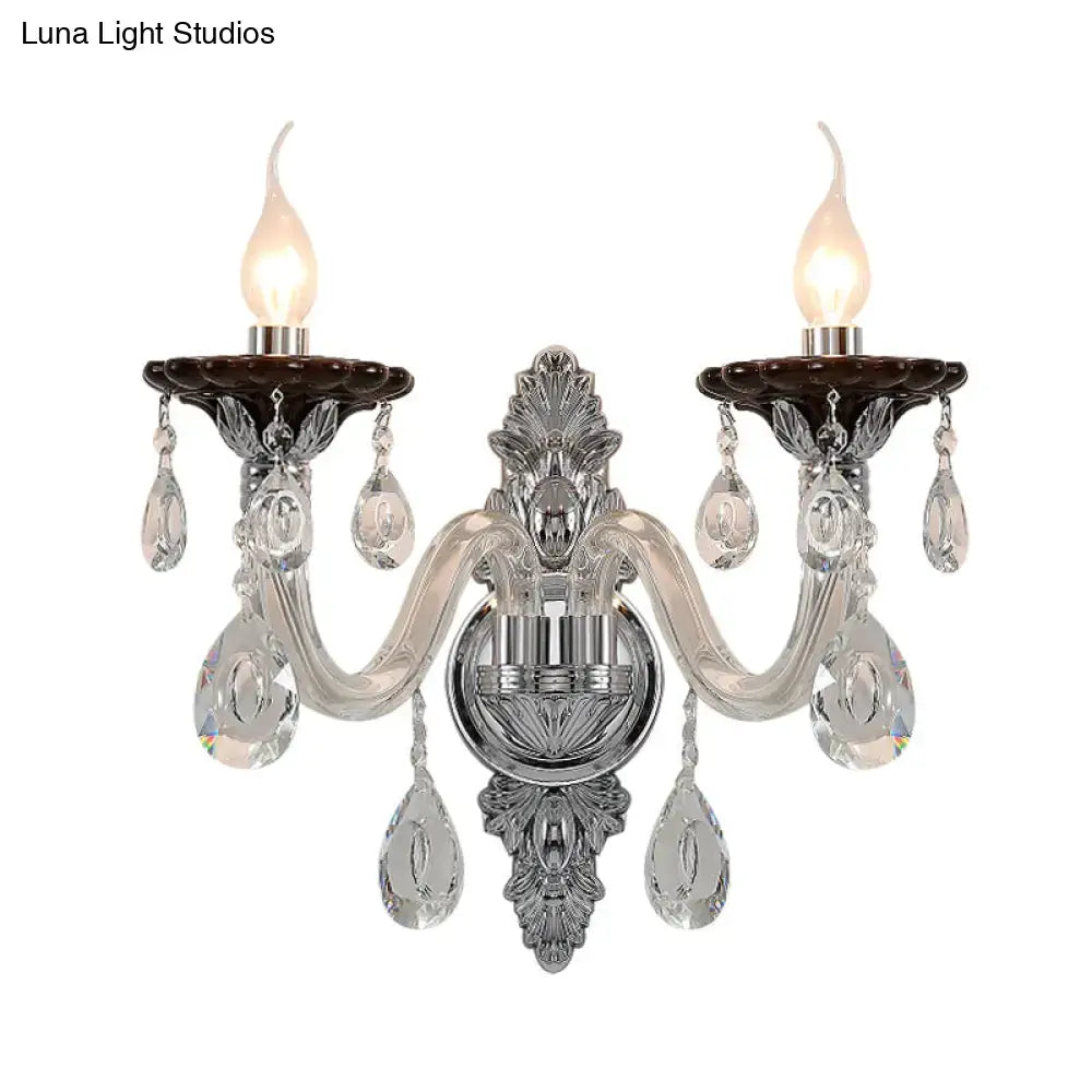 Decorbites Silver Crystal Wall Sconce with dual candle lights and crystal drops on Tampa Home & Garden Store