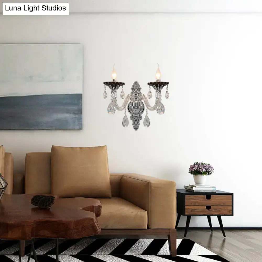 Silver crystal wall sconce with dual candle-heads and crystal drops Decorbites on Tampa Home & Garden Store