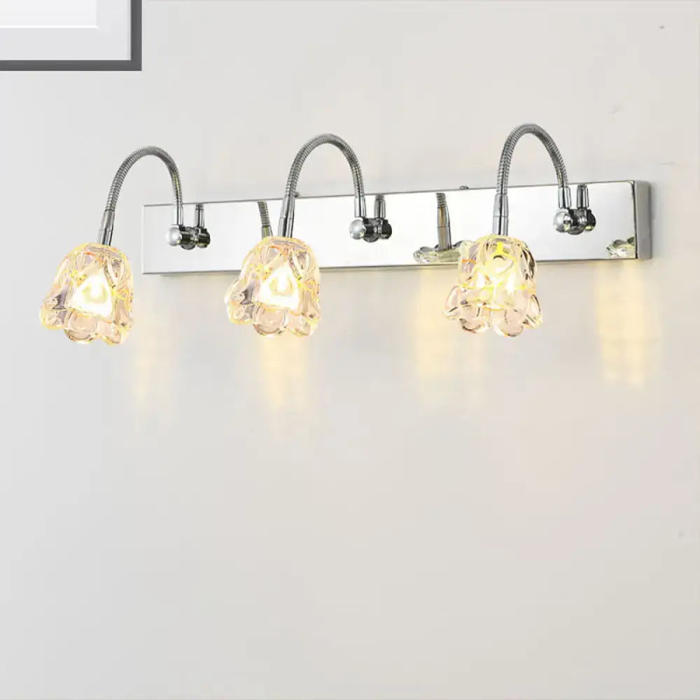 Silver crystal vanity light by Decorbites, 3-light gooseneck arm fixture with glass shades on Tampa Home & Garden Store