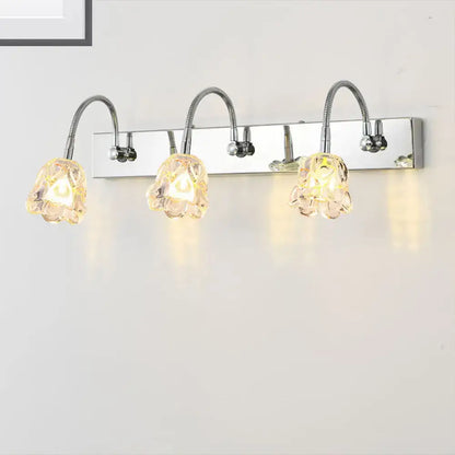 Silver crystal vanity light by Decorbites, 3-light gooseneck arm fixture with glass shades on Tampa Home & Garden Store
