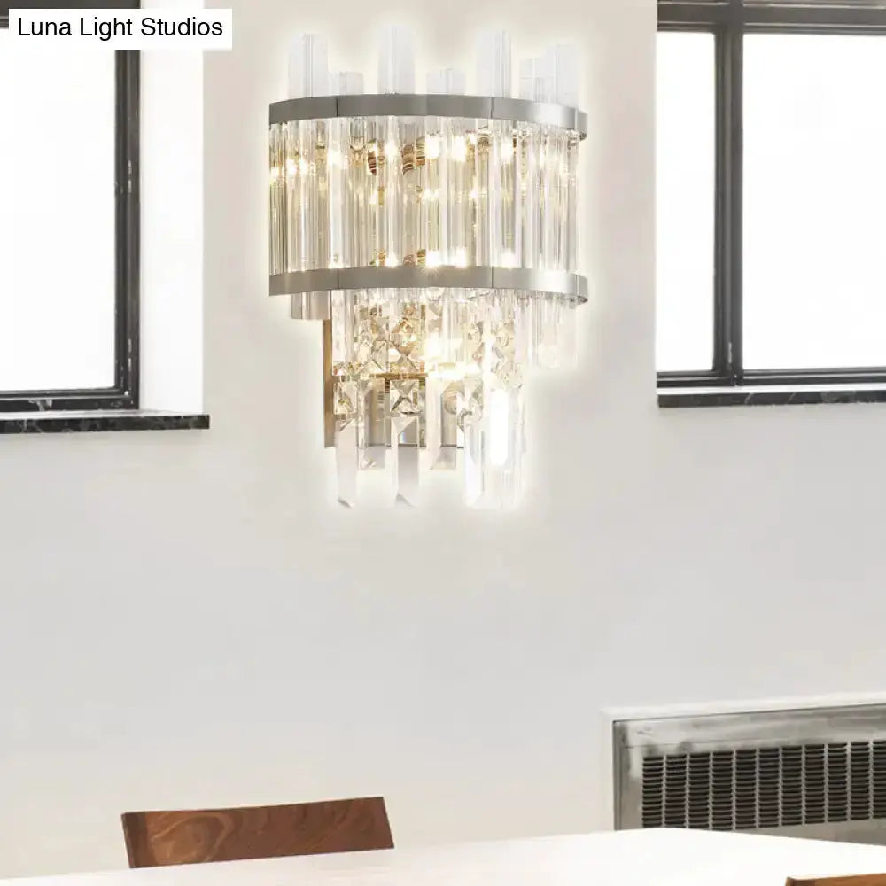 Modern silver crystal tiered wall mounted dining room light with hanging prisms on Tampa Home & Garden Store
