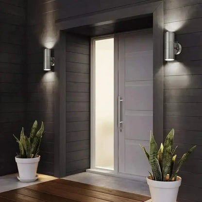 Modern silver cylindrical outdoor wall sconces by Decorbites, minimalist outdoor lighting, 2-pack on Tampa Home & Garden Store