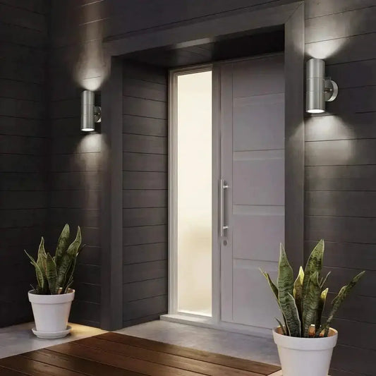 Modern silver cylindrical outdoor wall sconces by Decorbites, minimalist outdoor lighting, 2-pack on Tampa Home & Garden Store