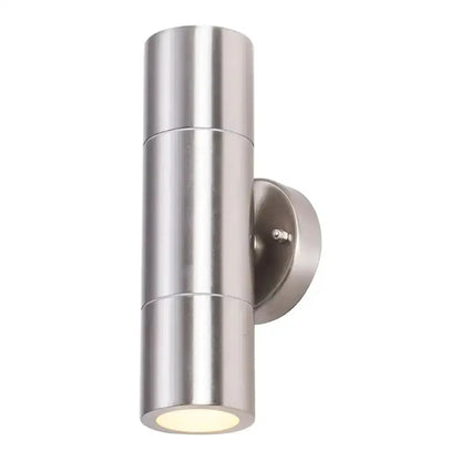 Decorbites modern silver cylindrical outdoor wall sconce, brushed steel finish on Tampa Home & Garden Store