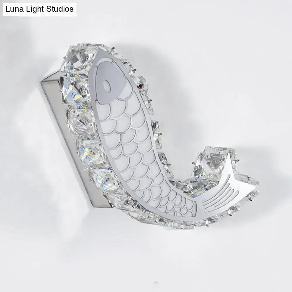 Silver Fish Crystal Sconce with crescent frame and clear crystals, wall mount backplate on Tampa Home & Garden Store