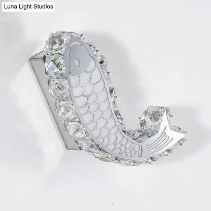 Silver Fish Crystal Sconce with crescent frame and clear crystals, wall mount backplate on Tampa Home & Garden Store