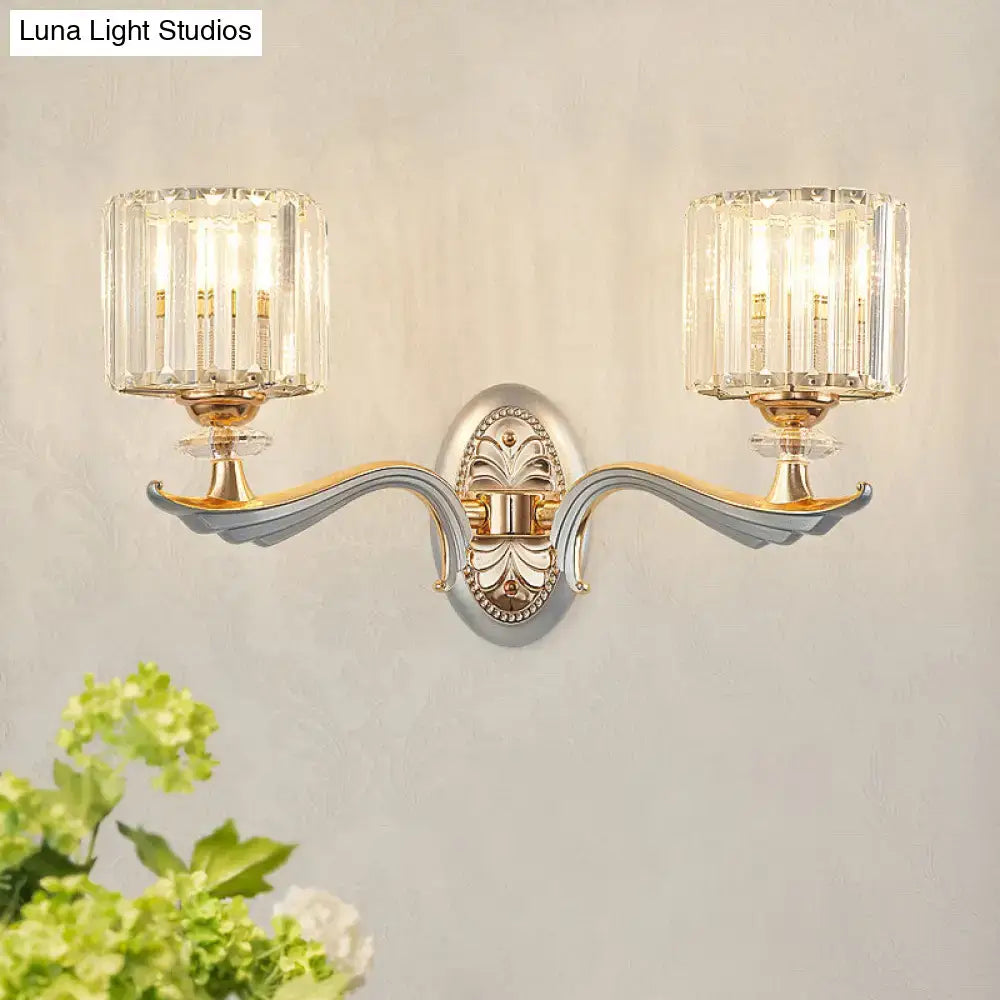 Silver Crystal Wall Sconce 1-2 Light with dual crystal shades and curved arms for bedroom on Tampa Home & Garden Store