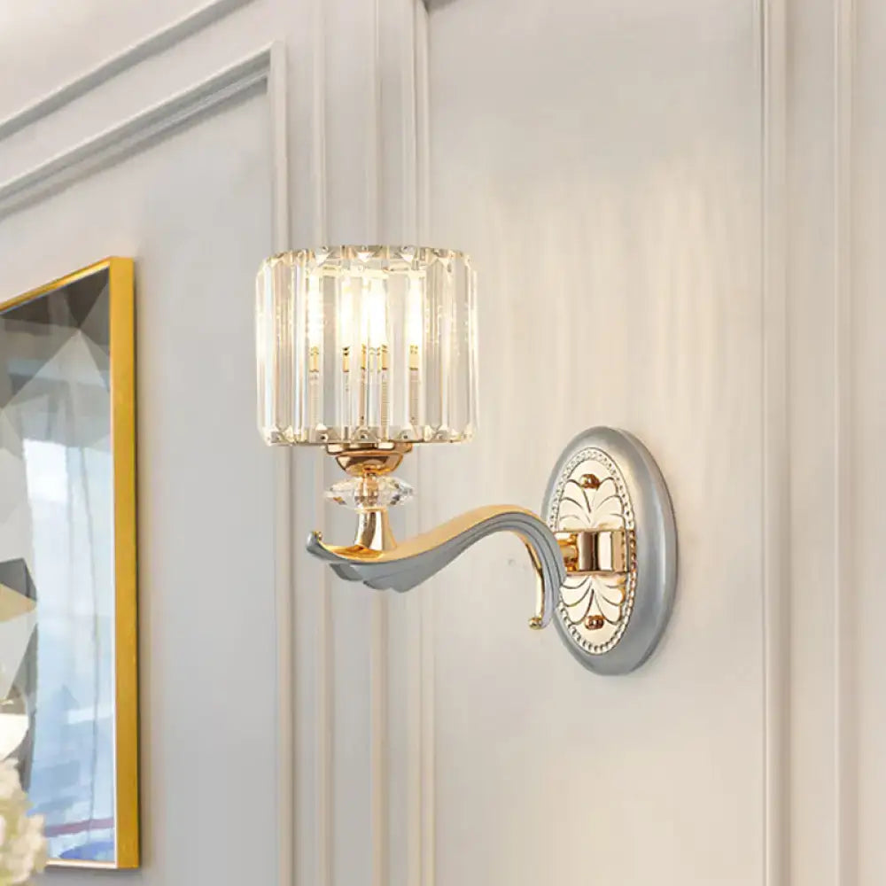 Silver Crystal Wall Sconce by Decorbites with a curved two-tone arm and crystal shade 1-2 light on Tampa Home & Garden Store