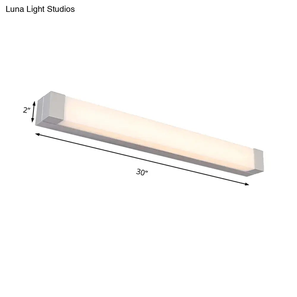 Modern silver LED bathroom vanity light with acrylic shade, 30 inches long on Tampa Home & Garden Store