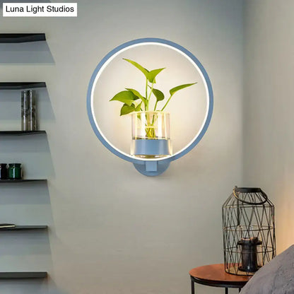 Modern silver wall light with plant pot LED sconce, round halo ring in bedroom decor on Tampa Home & Garden Store