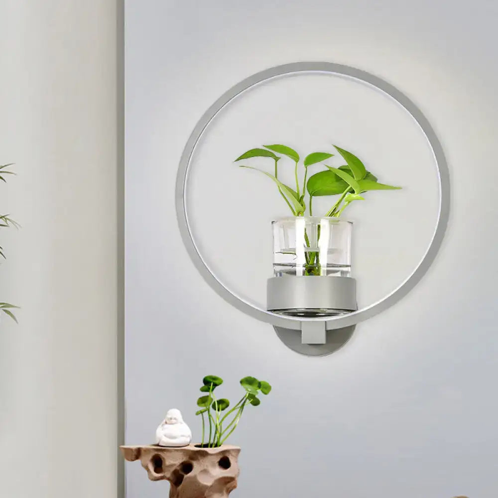 Decorbites modern silver wall light with plant pot, circular metal ring LED sconce for bedroom on Tampa Home & Garden Store