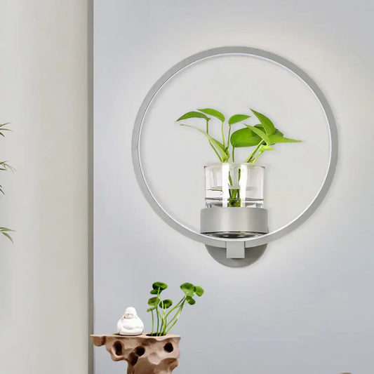 Decorbites modern silver wall light with plant pot, circular metal ring LED sconce for bedroom on Tampa Home & Garden Store