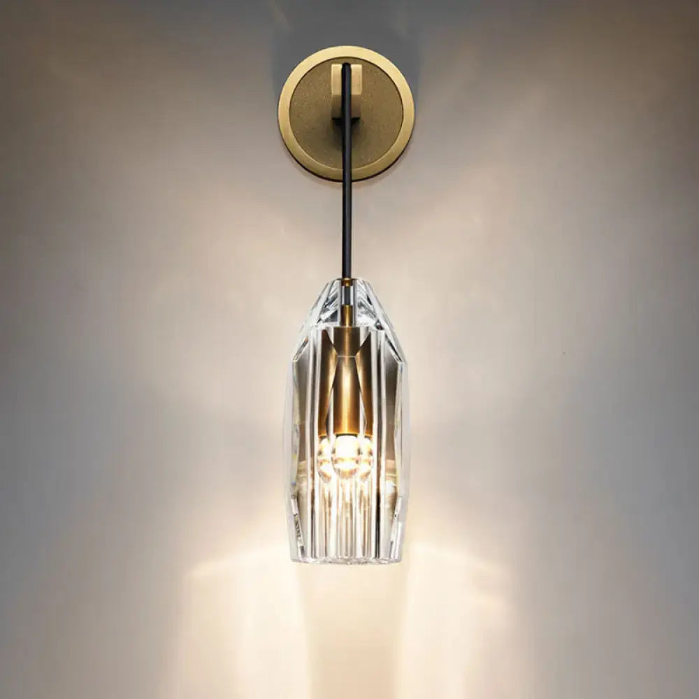 Brass crystal wall sconce Decorbites with clear shade and black cord, compact bedroom light on Tampa Home & Garden Store