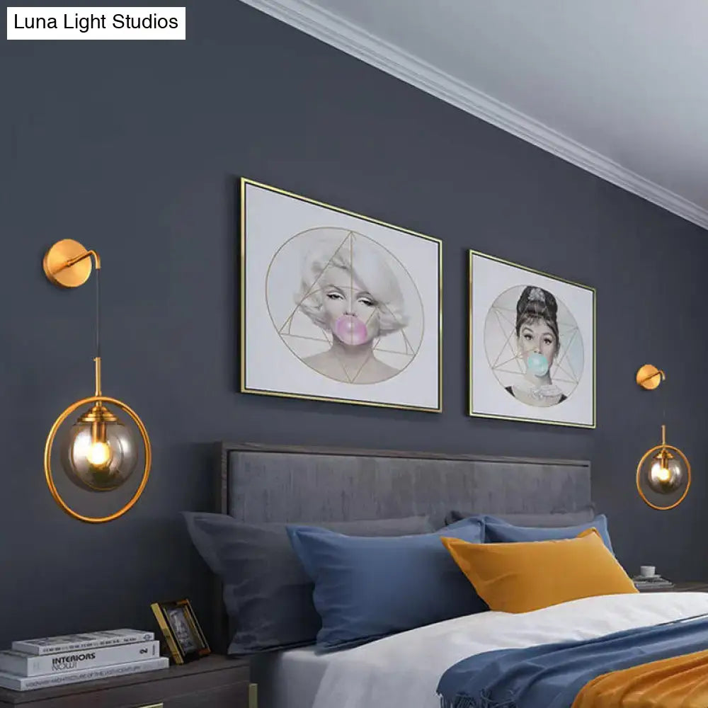 Gray Glass Globe Sconce pair with gold rings and smoky glass, Decorbites wall lights on Tampa Home & Garden Store