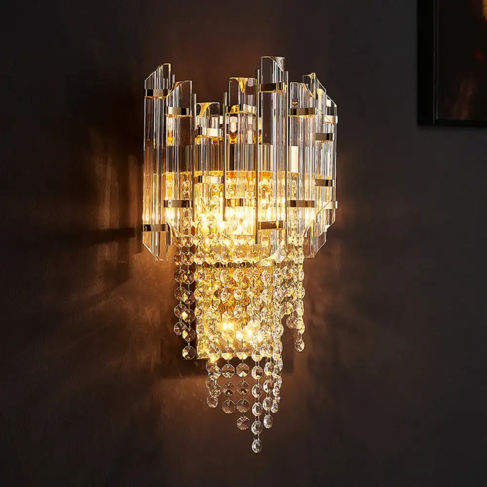 Gray Crystal Wall Sconce by Decorbites; crystal frames with cascading beads, warm glow on Tampa Home & Garden Store