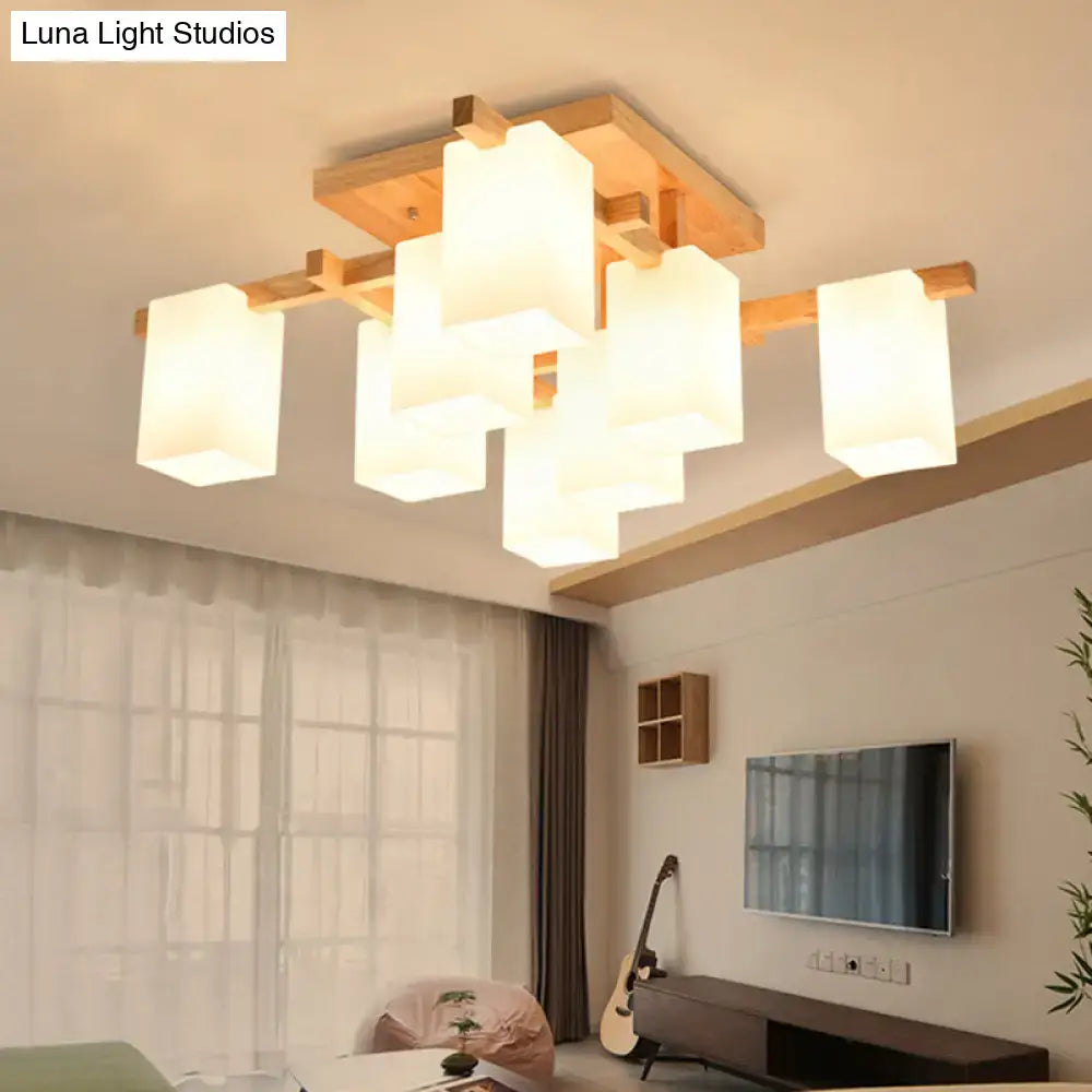 White Wood Flush Mount light with wooden frame and frosted glass cube shades by Decorbites on Tampa Home & Garden Store